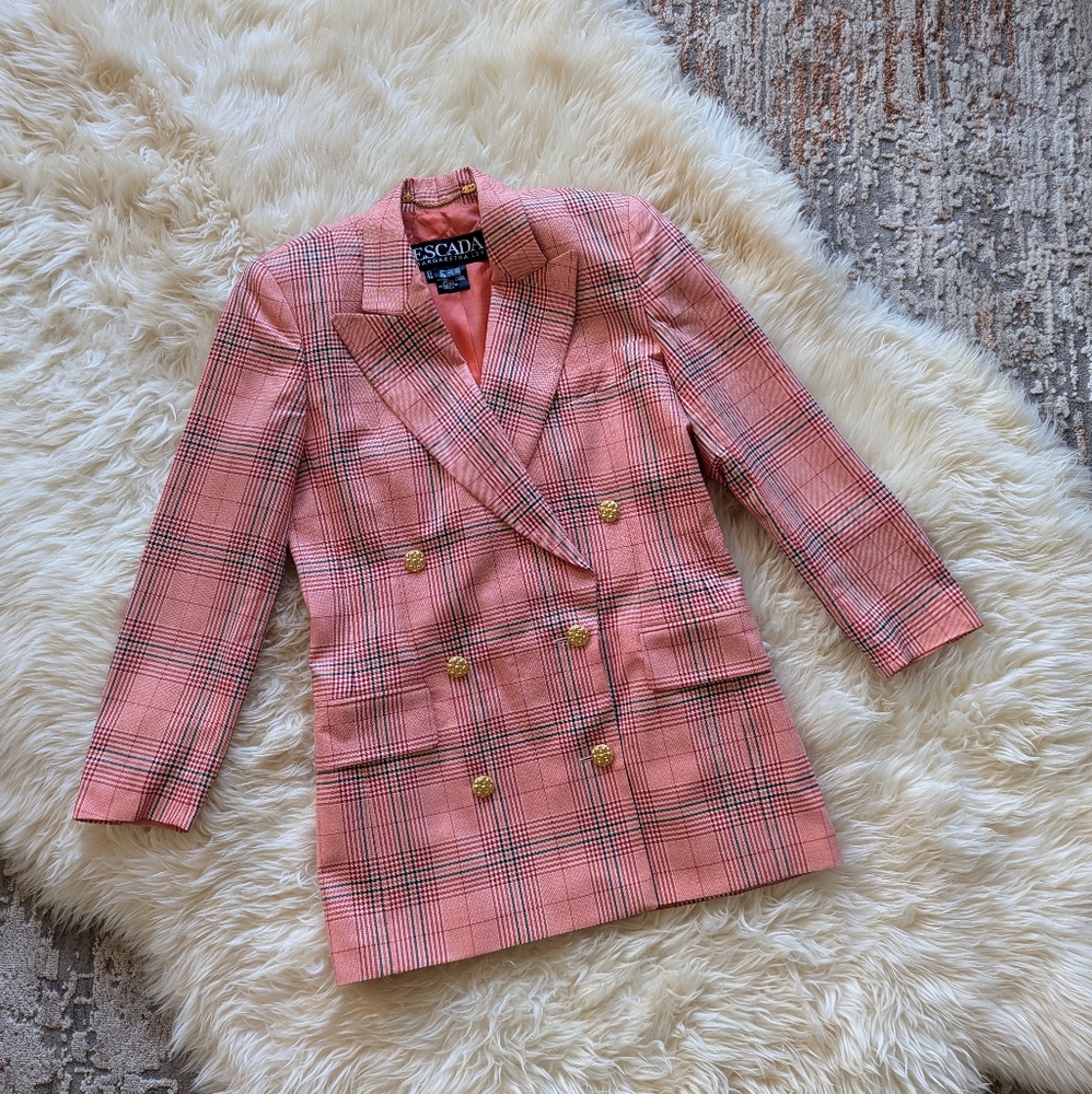 Escada Wool and Silk Double Breasted Plaid Blazer